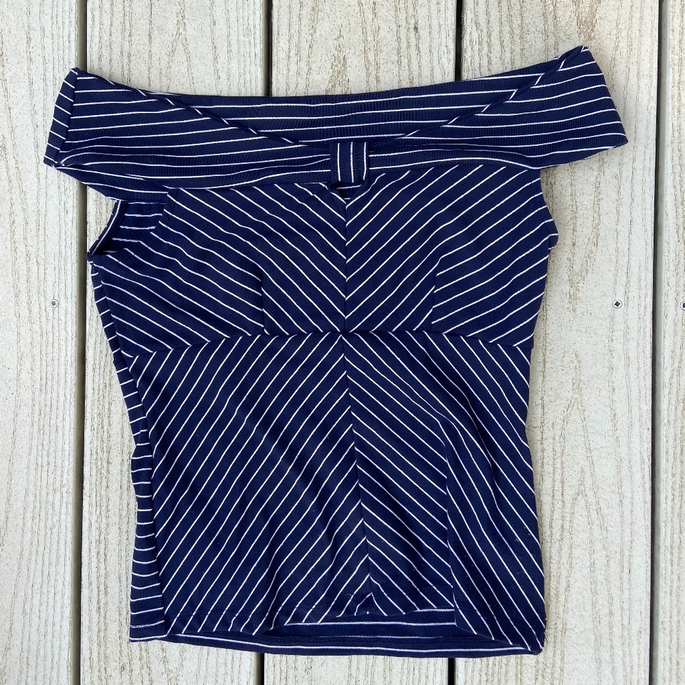 Leith Navy & White Stripe Off Shoulder Top, Size S
